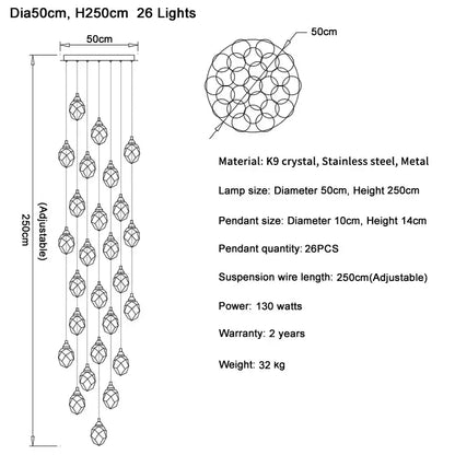Elegant modern gold diamond crystal ball chandelier with 26 k9 crystal pendants and adjustable stainless steel frame height