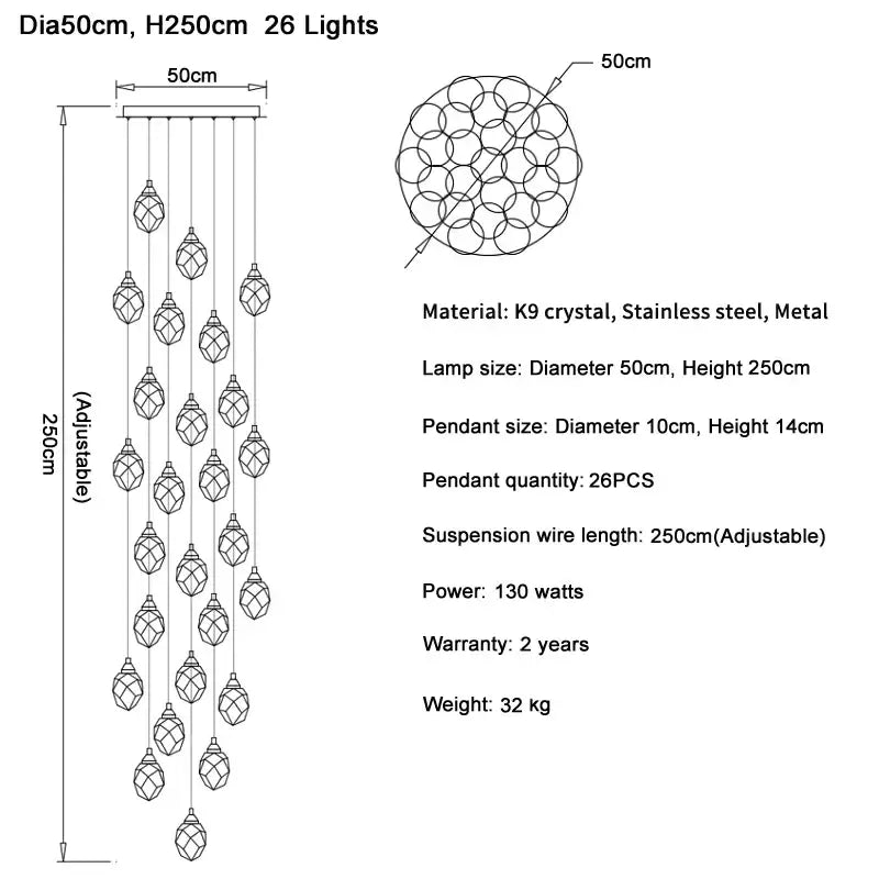 Elegant modern gold diamond crystal ball chandelier with 26 k9 crystal pendants and adjustable stainless steel frame height