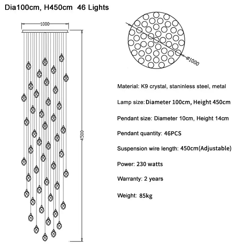 Modern gold diamond crystal ball chandelier with 46 k9 crystal pendants metal and stainless steel frame 100cm diameter