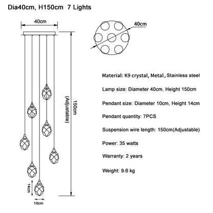 Modern gold diamond crystal ball chandelier with seven adjustable faceted k9 crystal pendants and stainless steel accents