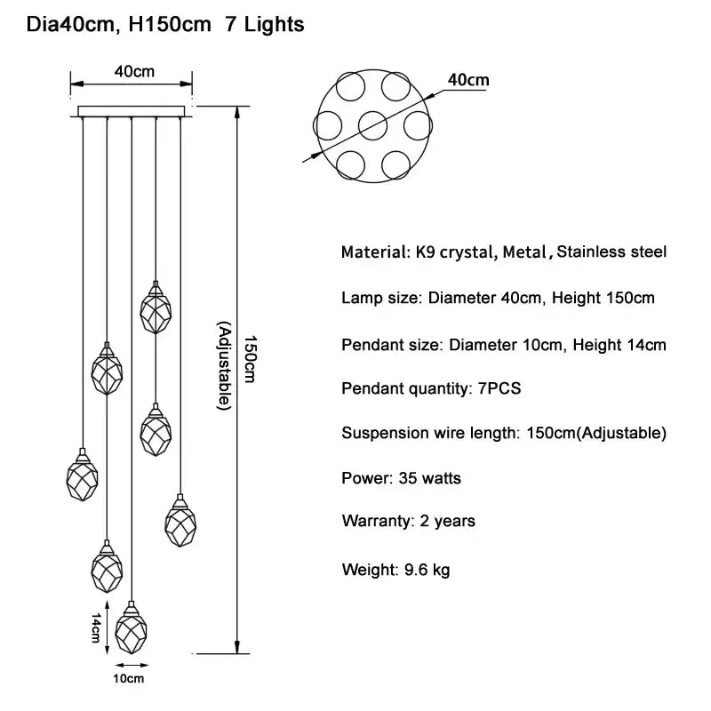 Modern gold diamond crystal ball chandelier with seven adjustable faceted k9 crystal pendants and stainless steel accents