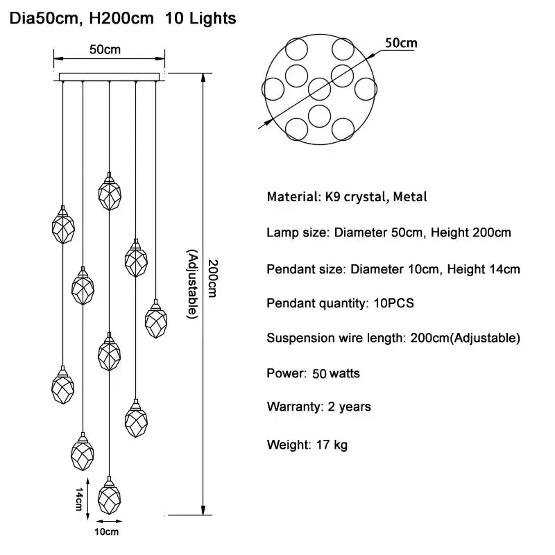 Modern gold diamond crystal ball chandelier with ten faceted k9 crystal pendants for dining room lighting
