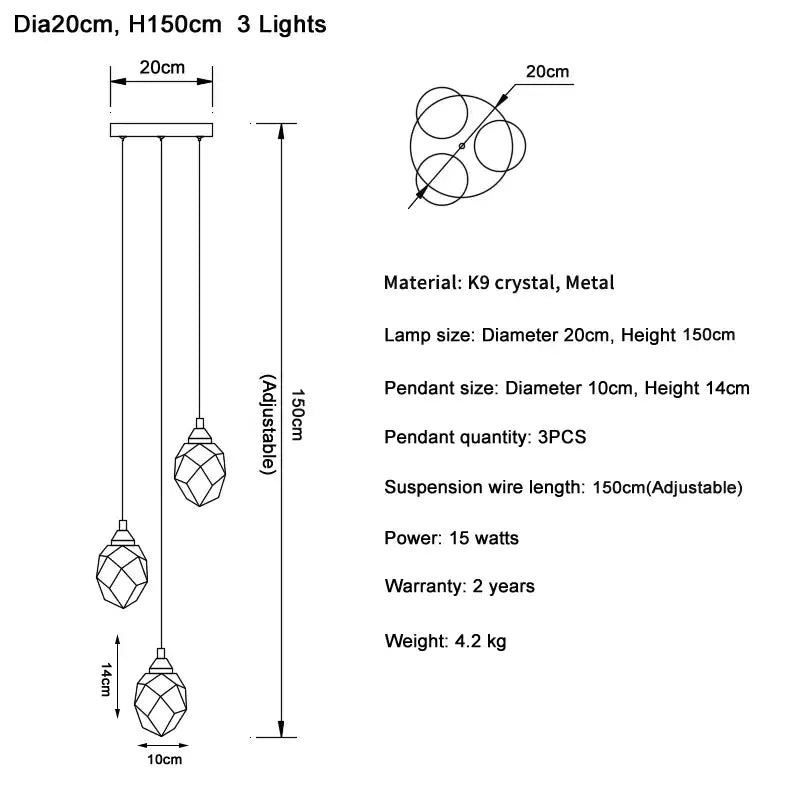 Elegant modern gold three-light crystal ball chandelier with diamond crystal ball pendants for dining room lighting