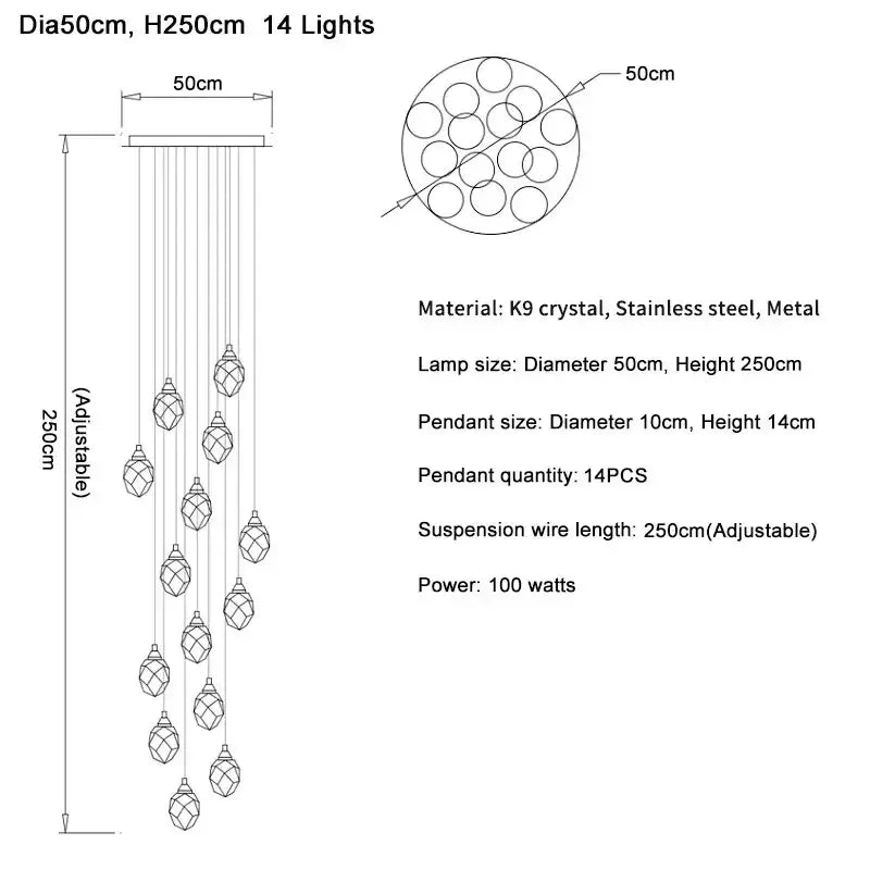 Elegant modern gold diamond crystal ball chandelier with 14 lights and faceted k9 crystal pendants on stainless steel frame
