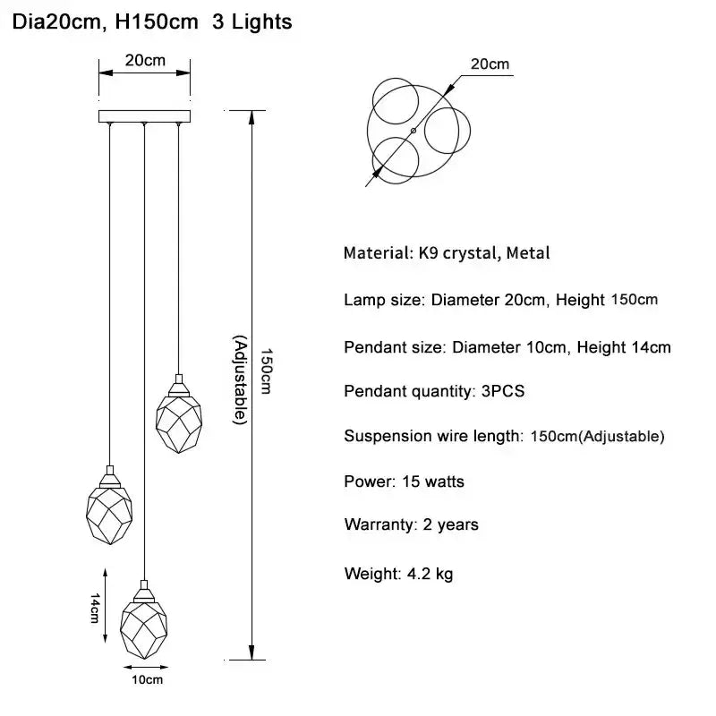 Modern gold three-light crystal ball chandelier with faceted k9 diamond crystal ball pendants for living room lighting