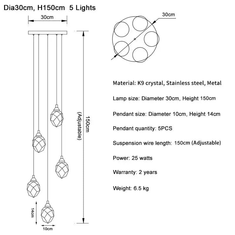Modern gold diamond crystal ball chandelier with five faceted k9 crystal pendants and stainless steel hardware