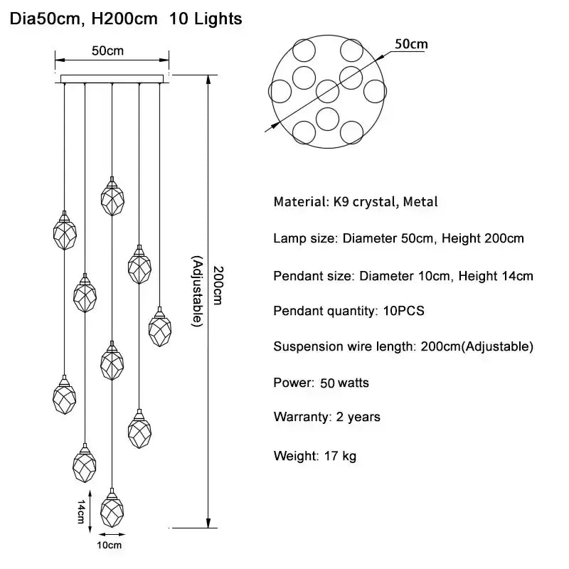 Modern gold adjustable 10-light crystal ball chandelier with faceted diamond crystal ball pendants for living room lighting