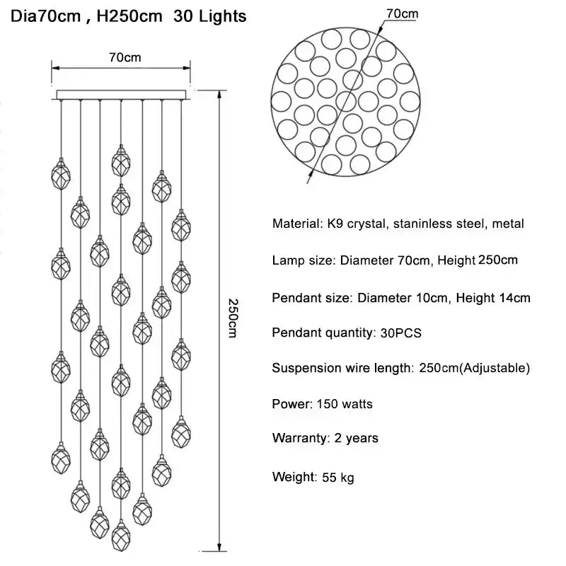 Elegant 70cm gold diamond crystal ball chandelier with 30 k9 crystal pendants on stainless steel frame for living room