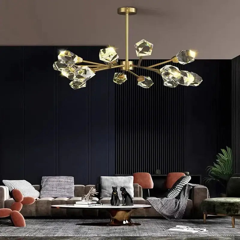 A modern gold diamond crystal brass pendant light with faceted glass shades for dining room illumination