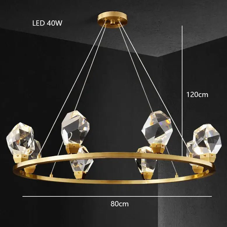 Modern gold diamond crystal brass pendant light with faceted crystal brass led design, 120cm tall and 80cm wide