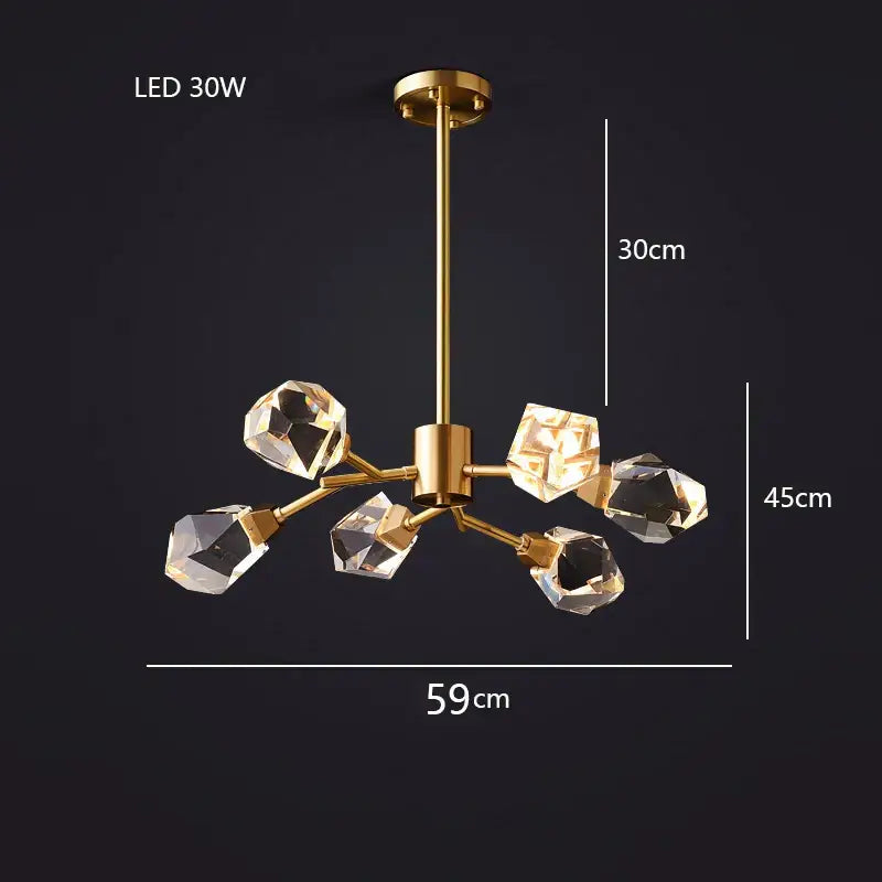 Modern gold diamond crystal brass pendant light with six faceted crystal brass led shades for dining room use