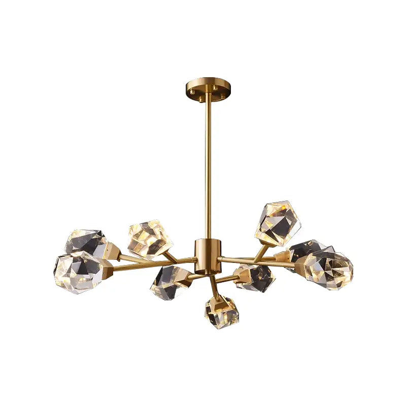 Modern gold diamond crystal brass pendant light with faceted crystal bulbs in a branching design for dining room