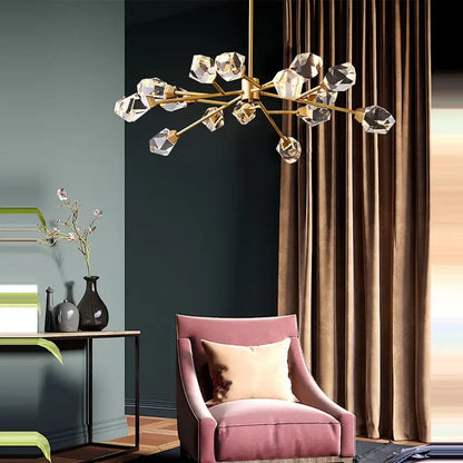 Modern gold diamond crystal brass led pendant light featuring a gold-toned chandelier with faceted crystal accents