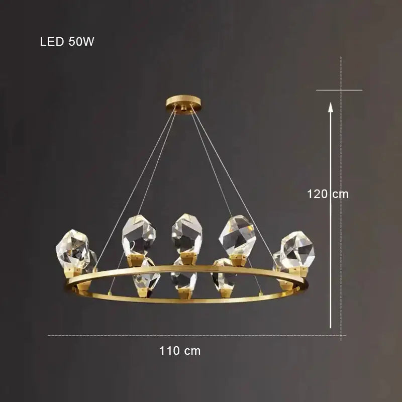 Modern gold diamond crystal brass led pendant light with faceted crystal and 50w led for dining room, 110 cm diameter