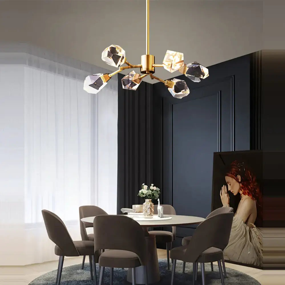 Modern gold diamond crystal brass pendant light with faceted crystal brass led shades for dining room lighting