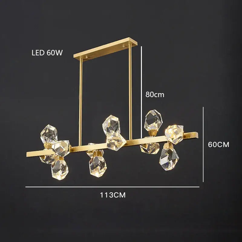Modern gold diamond crystal brass pendant light with clear crystal accents and led lighting for dining room use