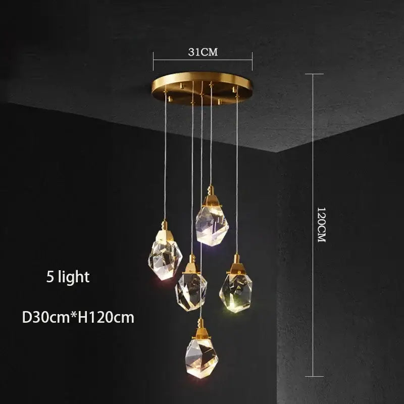 Modern gold diamond crystal chandelier with five faceted crystal droplets for living room or staircase lighting