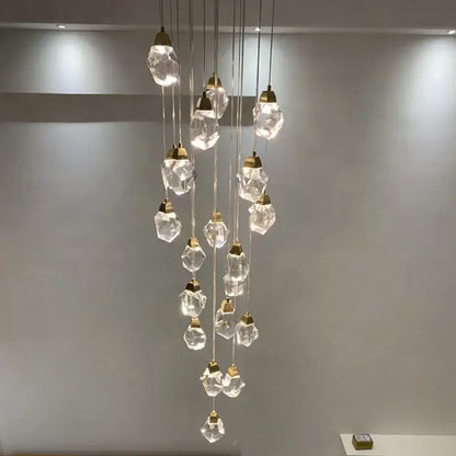Modern gold diamond crystal chandelier with faceted clear glass pendants for living room staircase lighting