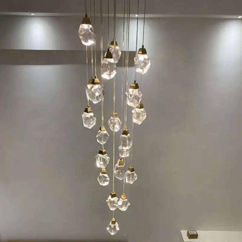 Modern gold diamond crystal chandelier with faceted clear glass pendants for living room staircase lighting