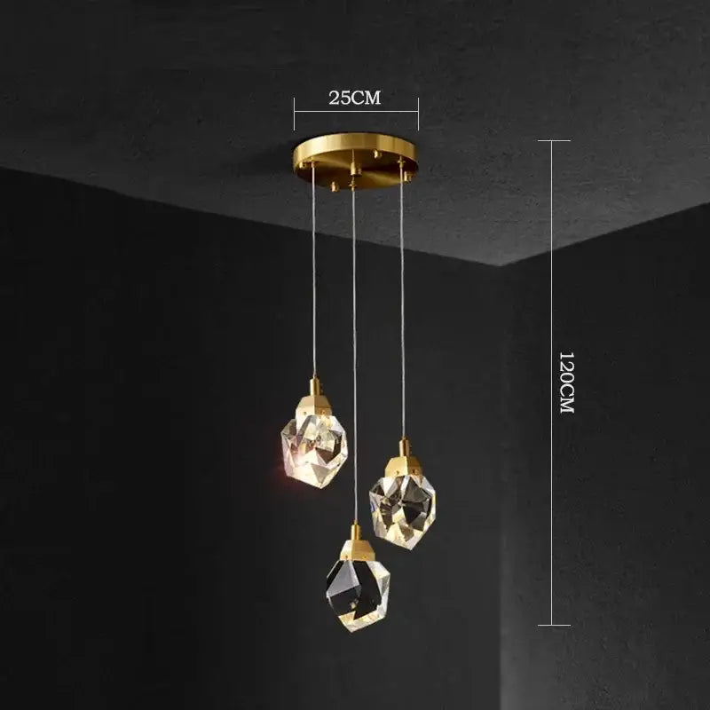 Modern gold diamond crystal chandelier with faceted geometric glass shades for living room or staircase lighting