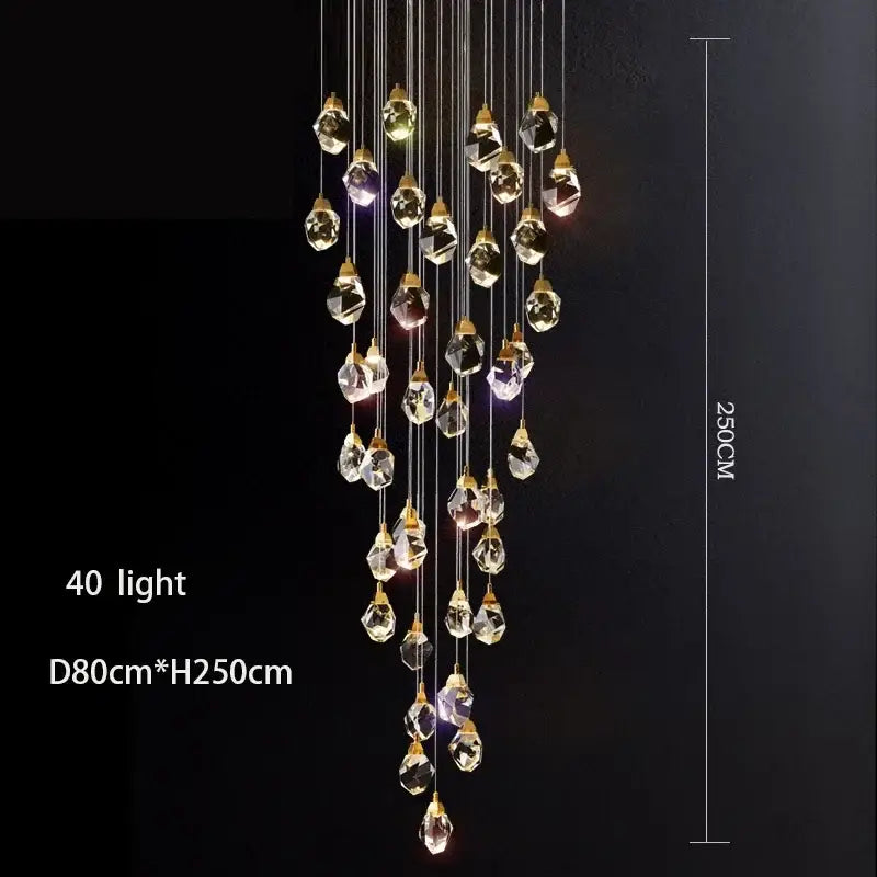 Modern gold diamond crystal chandelier with 40 illuminated facets featuring clear and multicolored glass for living room staircase