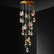 Modern gold diamond crystal chandelier with faceted clear crystals and circular ceiling mount for living room staircase