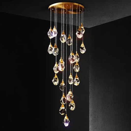 Modern gold diamond crystal chandelier with faceted clear crystals and circular ceiling mount for living room staircase
