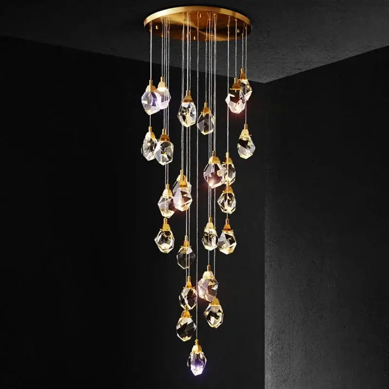 Modern gold diamond crystal chandelier with faceted clear crystals and circular ceiling mount for living room staircase