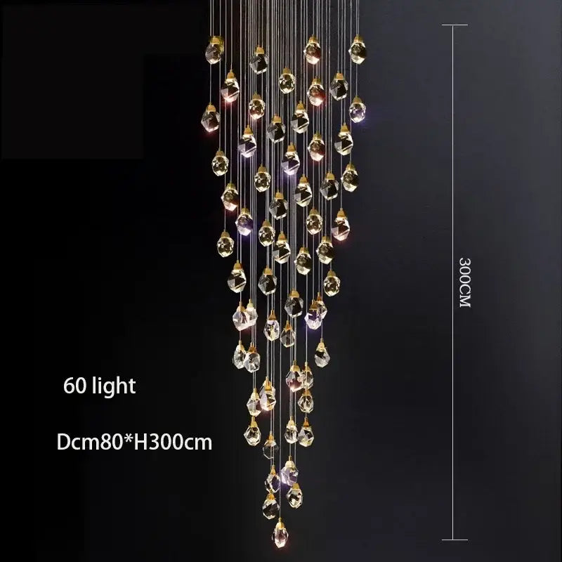Elegant modern gold diamond crystal chandelier with 60 faceted clear crystals for living room and staircase lighting