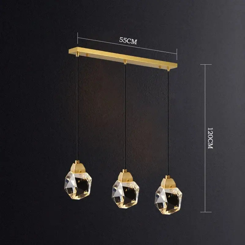 Modern gold diamond crystal chandelier with three faceted glass pendants for living room or staircase ceiling mount