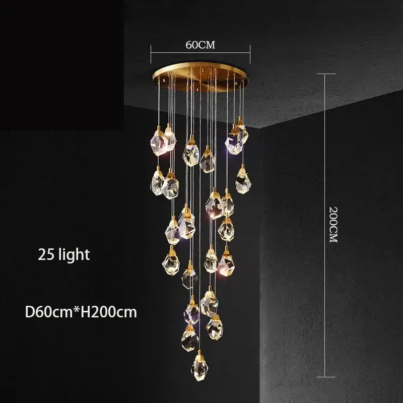 A modern gold diamond crystal chandelier with 25 faceted crystals for living room or staircase d60cm x h200cm