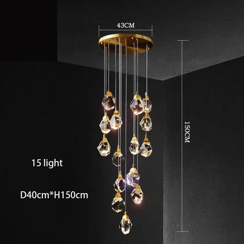 Modern gold diamond crystal chandelier with 15 hanging crystal pendants for living room or staircase lighting