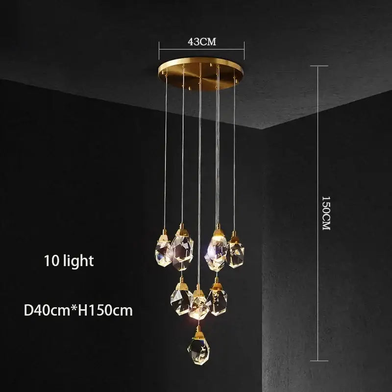 Modern gold diamond crystal chandelier with ten faceted crystals for living room staircase lighting