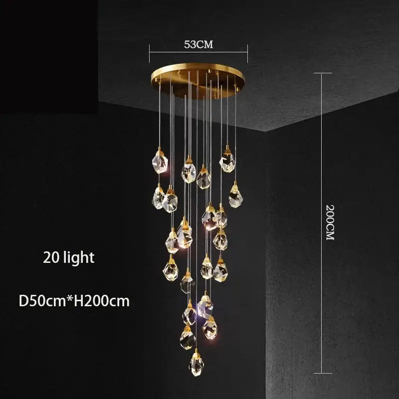 Modern gold diamond crystal chandelier with 20 hanging droplets for living room or staircase lighting