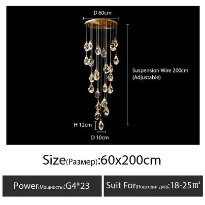 Elegant gold diamond crystal chandelier with cascading clear crystal droplets in a modern living room lighting fixture