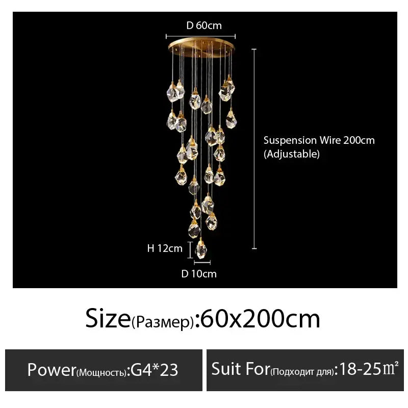 Elegant gold diamond crystal chandelier with cascading clear crystal droplets in a modern living room lighting fixture