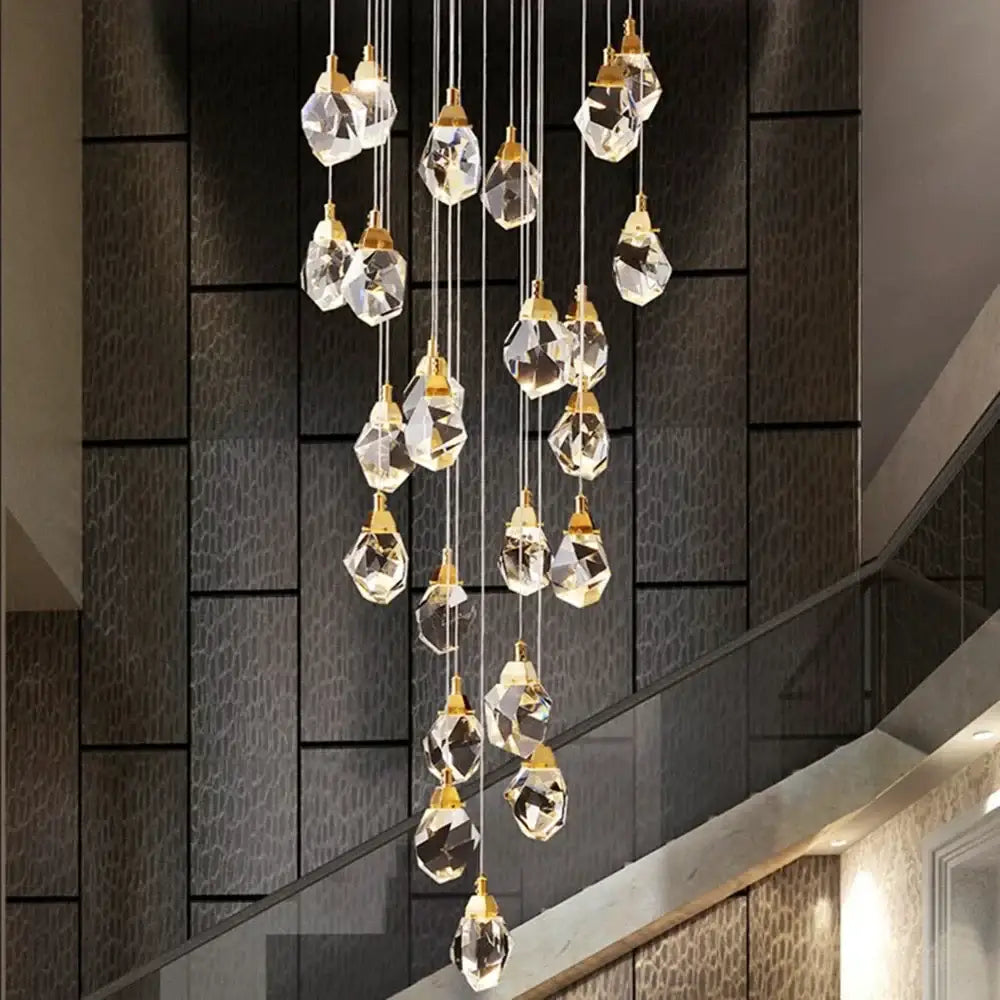 Modern gold diamond crystal chandelier with faceted clear glass pendants and gold-toned metal fixtures for living room lighting