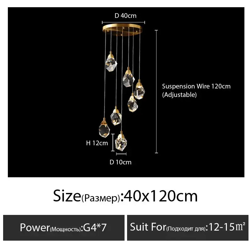 Modern gold diamond crystal chandelier with five faceted glass pendants and circular ceiling mount for living room lighting
