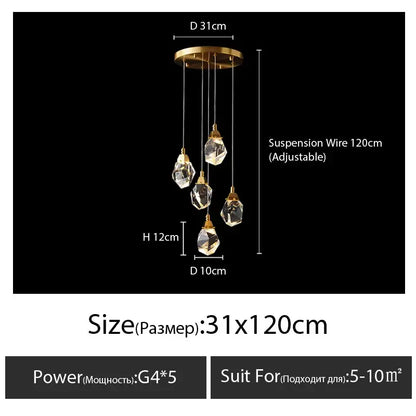A modern gold diamond crystal chandelier with five faceted crystal pendants on an adjustable 120cm wire for living room lighting