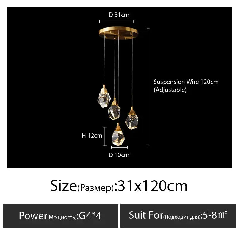 Modern gold diamond crystal chandelier featuring three faceted crystal droplets suspended by adjustable wires for living room lighting