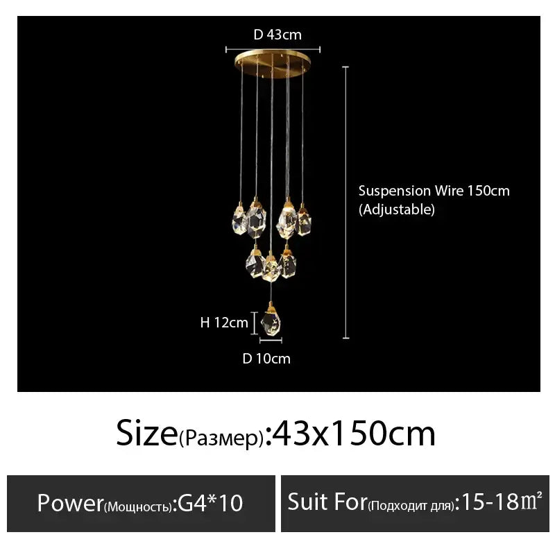 Modern gold diamond crystal chandelier with dangling crystal droplets and adjustable wires for living room lighting