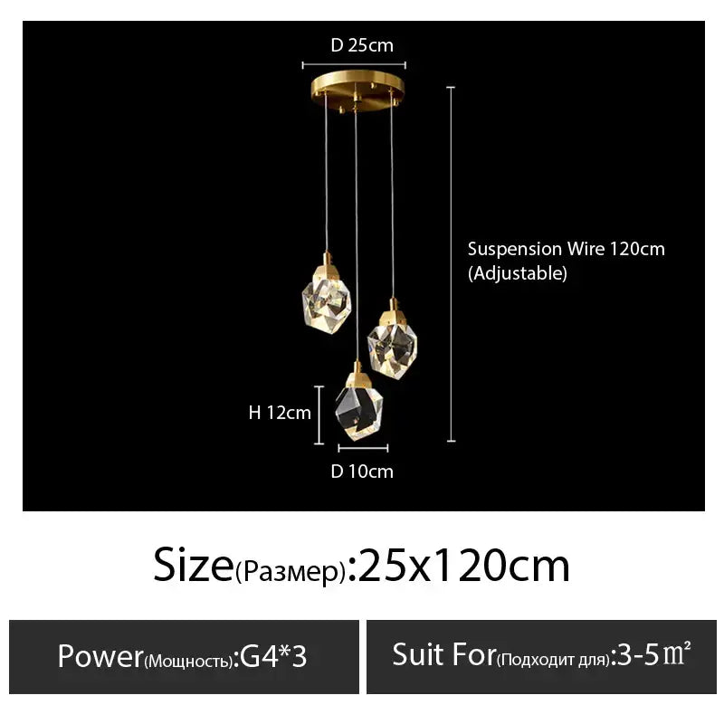 Modern gold diamond crystal chandelier with three faceted crystal globes suspended by adjustable wires for living room lighting