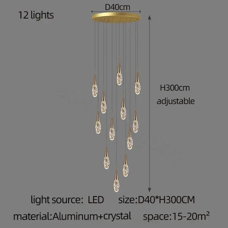 Modern gold diamond crystal chandelier with 12 crystal teardrop pendants on an aluminum circular base for living rooms