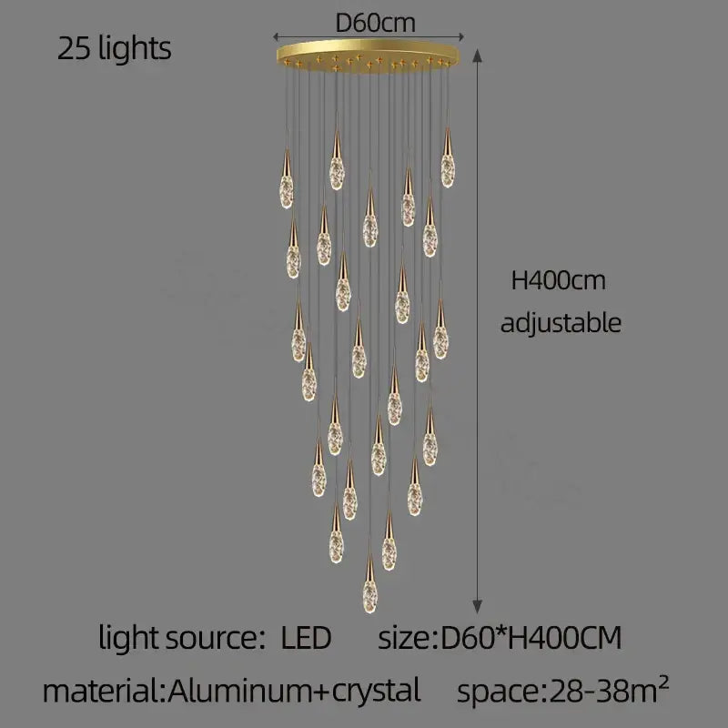 Modern gold diamond crystal chandelier with 25 teardrop pendants on aluminum base for elegant living space lighting