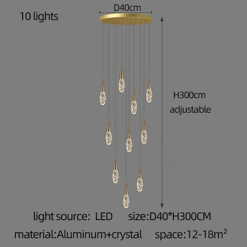 Modern gold diamond crystal chandelier with ten crystal teardrop pendants on an aluminum circular base for living rooms