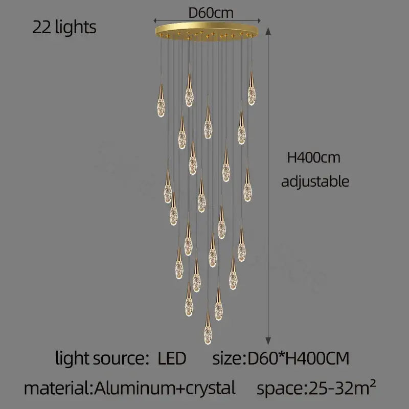 Modern gold diamond crystal chandelier with 22 teardrop pendants on aluminum base for elegant living space lighting