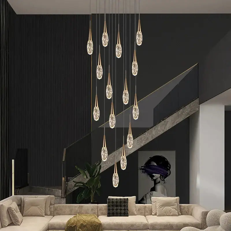 A modern gold diamond crystal chandelier with hanging crystal pendants for living room pendant lighting