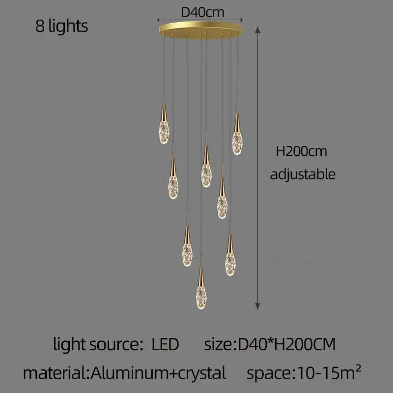 Modern gold diamond crystal chandelier with eight dangling crystal teardrop pendants on aluminum base for living room