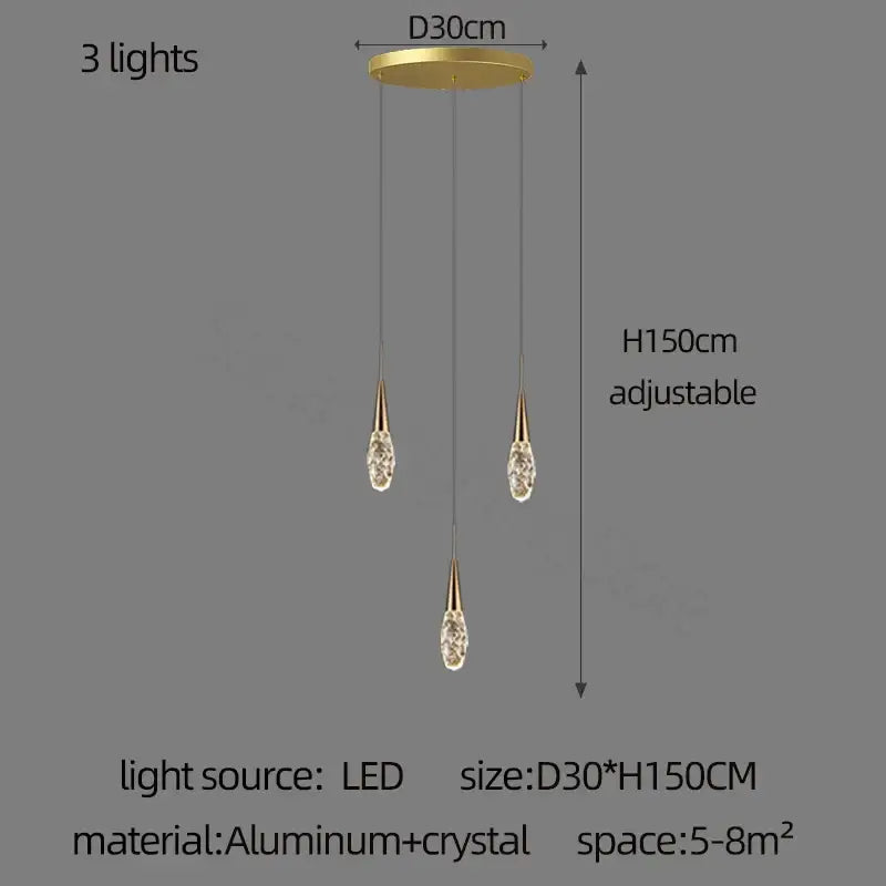Modern gold diamond crystal chandelier with three teardrop lights suspended from an aluminum base for living space