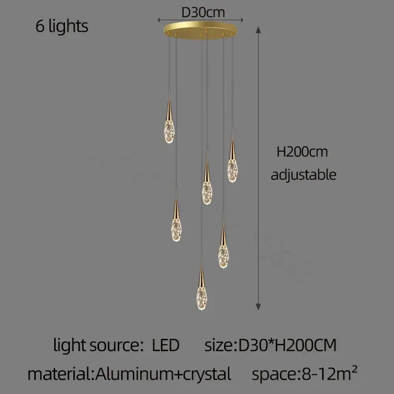 Modern gold diamond crystal chandelier with six crystal teardrop pendants suspended from aluminum base
